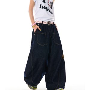 Deconstructed Gothic Embroidered Wide-Leg Jeans for Women - Loose Fit, Floor-Length American Style, Slimming Curved Blade Design