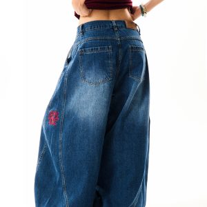 Deconstructed Gothic Embroidered Wide-Leg Jeans for Women - Loose Fit, Floor-Length American Style, Slimming Curved Blade Design