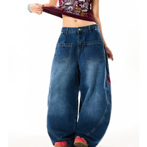 Deconstructed Gothic Embroidered Wide-Leg Jeans for Women - Loose Fit, Floor-Length American Style, Slimming Curved Blade Design