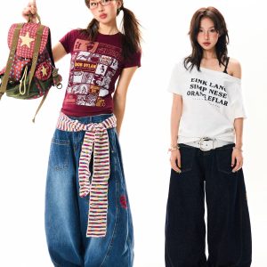 Deconstructed Gothic Embroidered Wide-Leg Jeans for Women - Loose Fit, Floor-Length American Style, Slimming Curved Blade Design