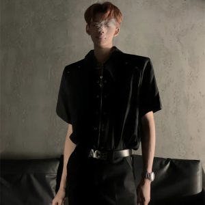 Deconstructed Metal Design Shoulder Pad Shirt for Men and Women - High-End Stylish Loose Zip Short Sleeve for Summer Fashion