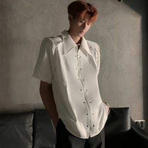 Deconstructed Metal Design Shoulder Pad Shirt for Men and Women - High-End Stylish Loose Zip Short Sleeve for Summer Fashion