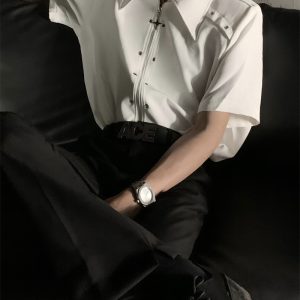 Deconstructed Metal Design Shoulder Pad Shirt for Men and Women - High-End Stylish Loose Zip Short Sleeve for Summer Fashion