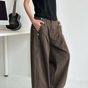 Deconstructed Tailored Casual Pants for Men and Women - Brown Rivet Design, Straight Loose Fit, Long Style, 90s Y2K Inspired