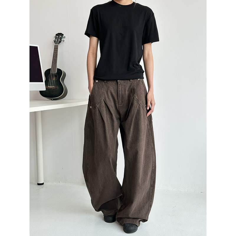 Deconstructed Tailored Casual Pants for Men and Women - Brown Rivet Design, Straight Loose Fit, Long Style, 90s Y2K Inspired