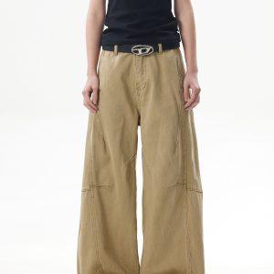 Deconstructed Vintage Work Pants for Men and Women - Retro Patchwork Khaki Curved Knife Design, American Style Fashion
