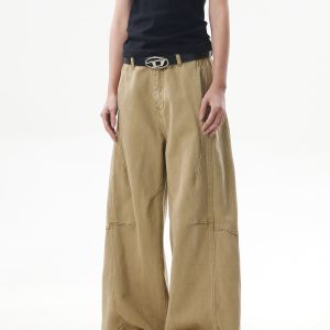 Deconstructed Vintage Work Pants for Men and Women - Retro Patchwork Khaki Curved Knife Design, American Style Fashion
