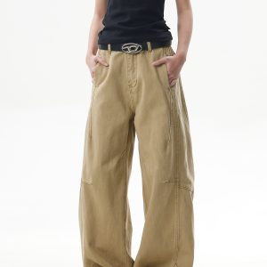 Deconstructed Vintage Work Pants for Men and Women - Retro Patchwork Khaki Curved Knife Design, American Style Fashion