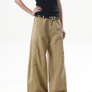 Deconstructed Vintage Work Pants for Men and Women - Retro Patchwork Khaki Curved Knife Design, American Style Fashion