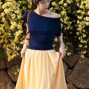 Deep Blue Off-Shoulder Modal Short-Sleeve T-Shirt - Flattering Fit, Thin & Stretchy, Versatile Summer Top for 2025