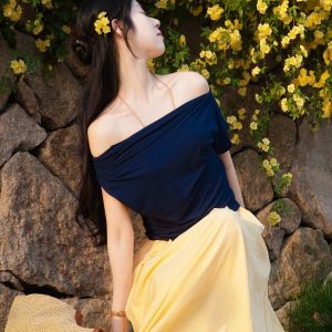 Deep Blue Off-Shoulder Modal Short-Sleeve T-Shirt - Flattering Fit, Thin & Stretchy, Versatile Summer Top for 2025