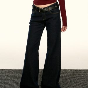 Deep Blue Vintage Straight-Leg Jeans for Women - Slim Fit, Slightly Flared Wide-Leg Pants for Spring & Autumn, Y2K Style