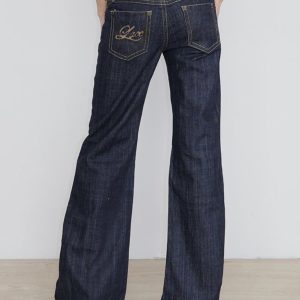 Deep Blue Vintage Wide-Leg Jeans for Women - Loose Casual Embroidered Pants - Y2K Straight-Leg Draped Style