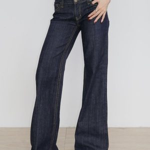 Deep Blue Vintage Wide-Leg Jeans for Women - Loose Casual Embroidered Pants - Y2K Straight-Leg Draped Style