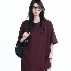 Deep Red Oversized Women’s T-Shirt with Round Neck, "Sit and Eat Until the Mountains Are Empty", American Retro Style, Short Sleeve