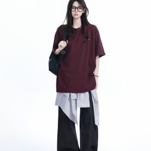 Deep Red Oversized Women’s T-Shirt with Round Neck, 