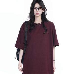 Deep Red Oversized Women’s T-Shirt with Round Neck, 
