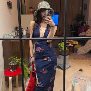 Deep V Backless Bodycon Halter Dress - Current MOXI港风美人 Long Beach Vacation Dress for Sexy 90s Y2K Style