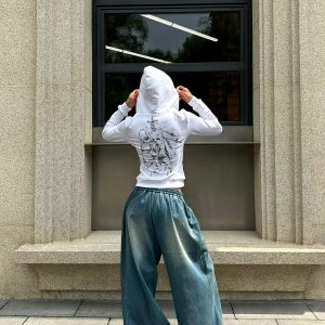 Denim Blue Wash Effect Loose Baggy Cuffed Sweatpants - Casual Y2K Style Fashion Bottoms for Effortless Comfort and Trendy Vibes