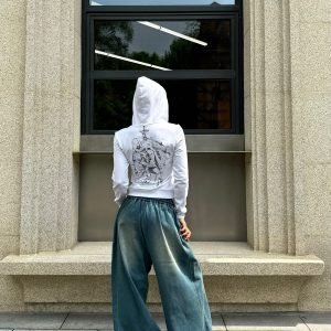 Denim Blue Wash Effect Loose Baggy Cuffed Sweatpants - Casual Y2K Style Fashion Bottoms for Effortless Comfort and Trendy Vibes