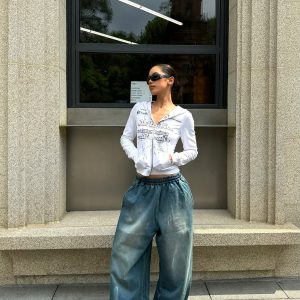 Denim Blue Wash Effect Loose Baggy Cuffed Sweatpants - Casual Y2K Style Fashion Bottoms for Effortless Comfort and Trendy Vibes