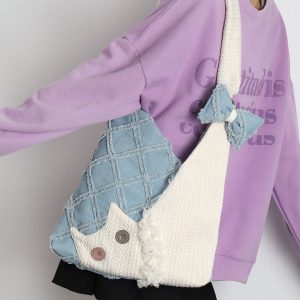 Denim Plaid Cat Shoulder Crossbody Bag - Original Design, Cute and Stylish, Ideal for Casual and Y2K Fashion Enthusiasts