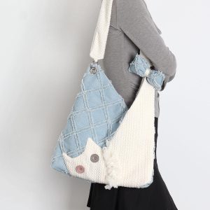 Denim Plaid Cat Shoulder Crossbody Bag - Original Design, Cute and Stylish, Ideal for Casual and Y2K Fashion Enthusiasts