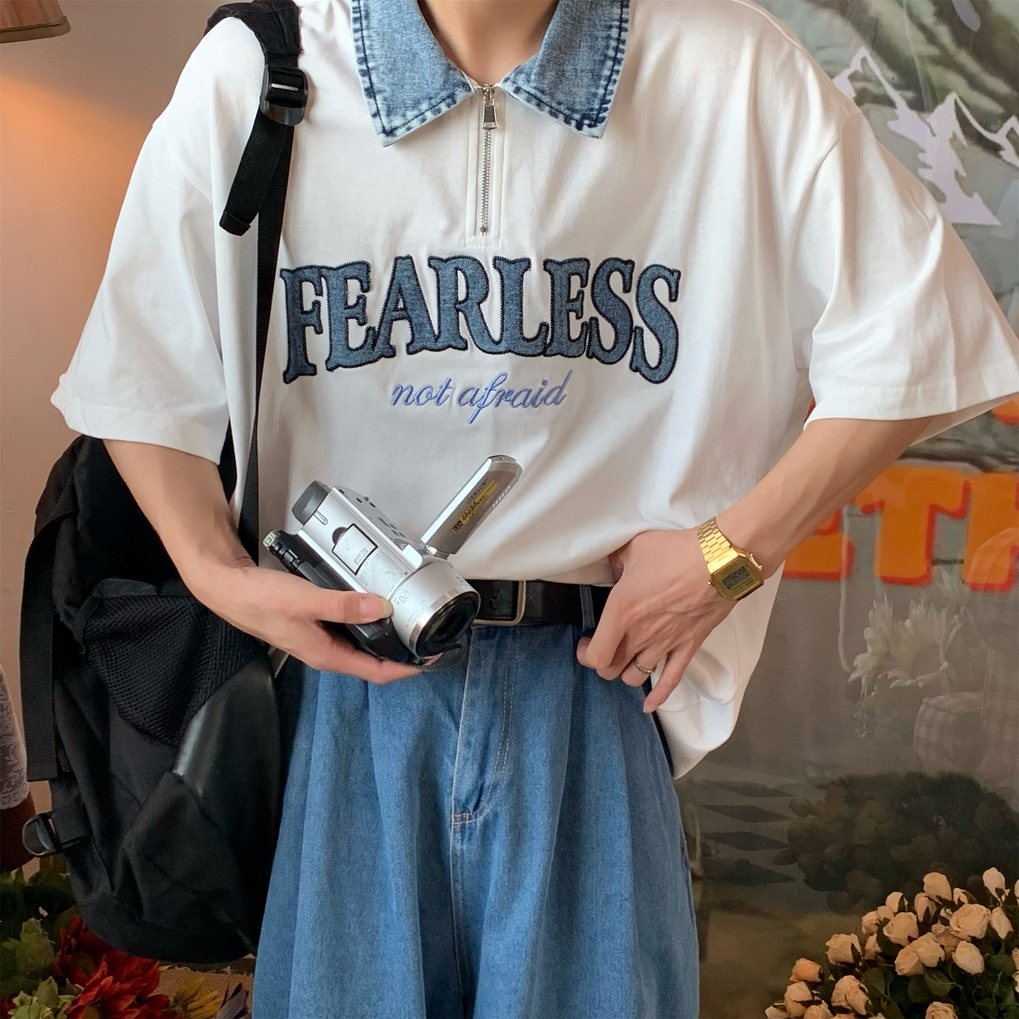 Denim Spliced Japanese Retro Short Sleeve Polo Shirt - Loose Fit Summer T-Shirt in Hong Kong Style, Perfect for 90s and Y2K Fashion