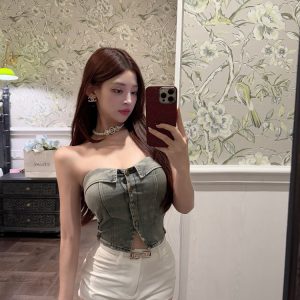 Denim Strapless Fitted Tank Top with Built-in Padding - Pure Desire Style for Y2K and 90s Inspired Fashion