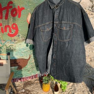 Distressed Denim Short Sleeve Shirt for Men and Women - Vintage Washed Loose Summer Top - Trendy 90s Style