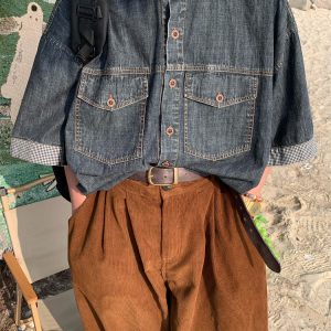 Distressed Denim Short Sleeve Shirt for Men and Women - Vintage Washed Loose Summer Top - Trendy 90s Style