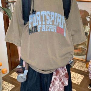 Distressed Letter Print Heavyweight Short Sleeve T-Shirt for Women - Casual Loose Round Neck Tee, Summer Vintage Style