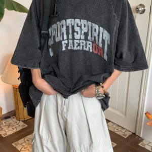 Distressed Letter Print Heavyweight Short Sleeve T-Shirt for Women - Casual Loose Round Neck Tee, Summer Vintage Style