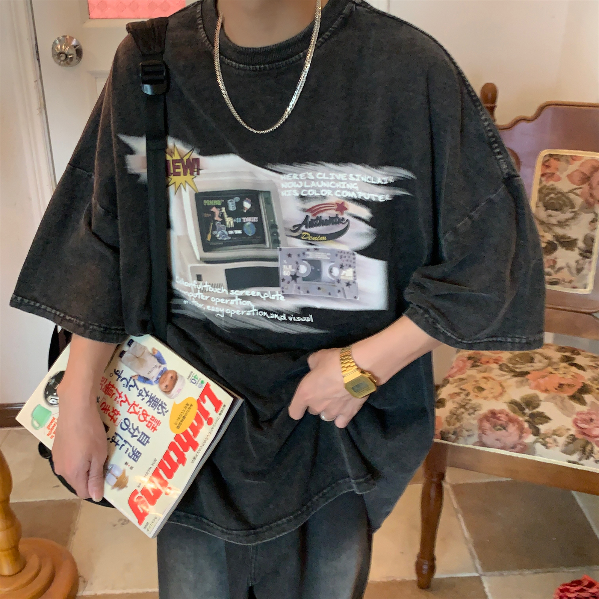 Distressed Oversized T-Shirt for Couples - Handmade American Vintage Style, Computer Washed, Trendy Summer Short Sleeve