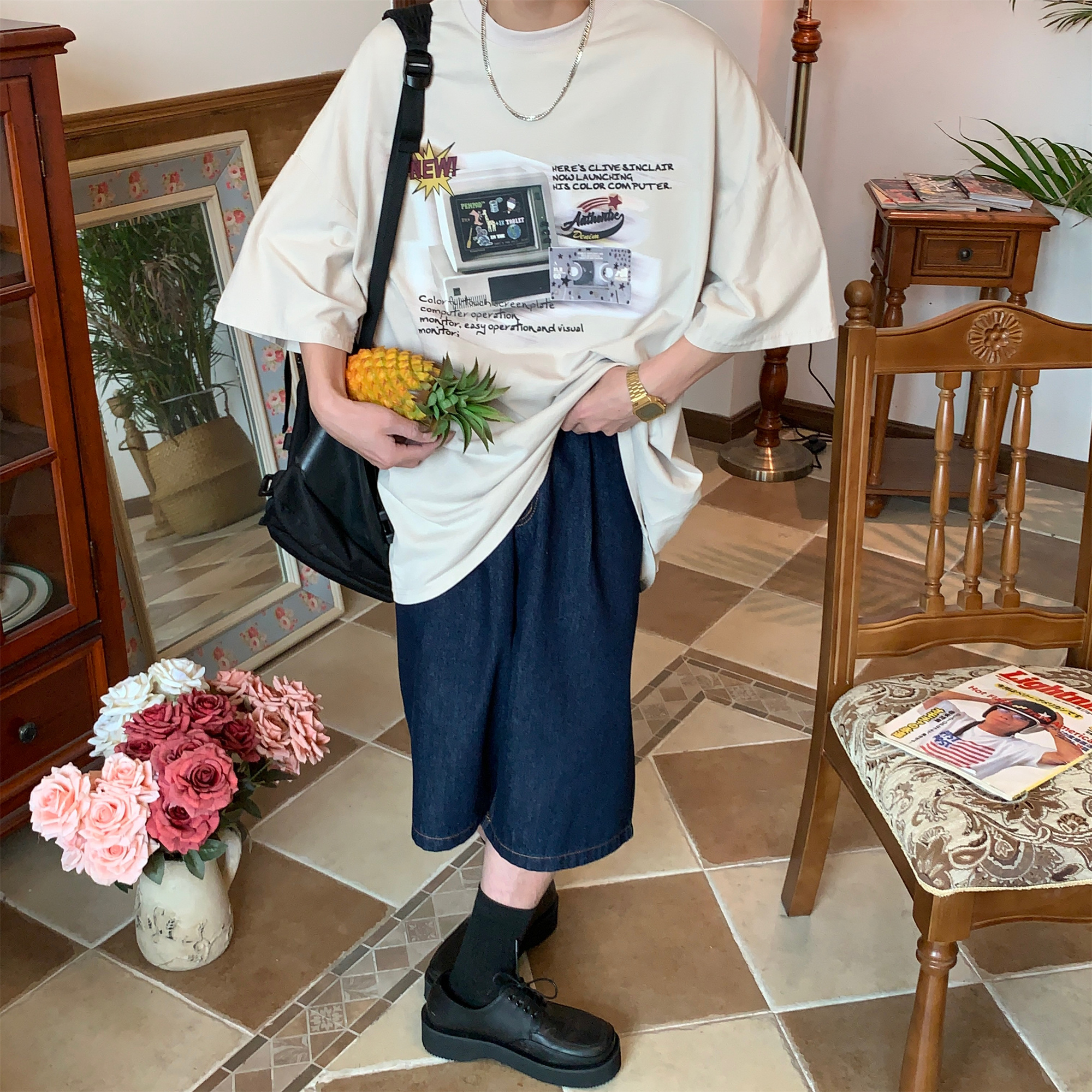 Distressed Oversized T-Shirt for Couples - Handmade American Vintage Style, Computer Washed, Trendy Summer Short Sleeve