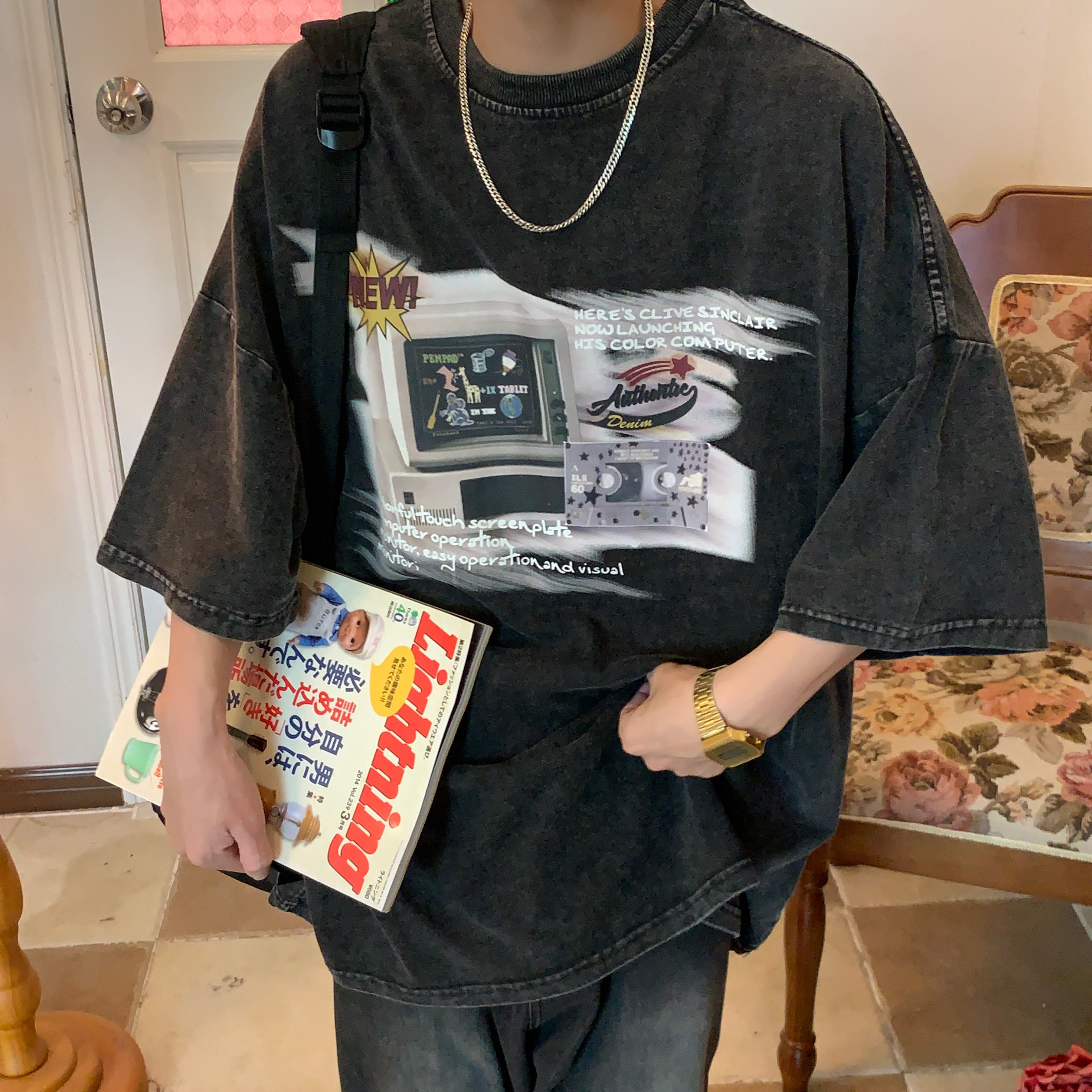 Distressed Oversized T-Shirt for Couples - Handmade American Vintage Style, Computer Washed, Trendy Summer Short Sleeve