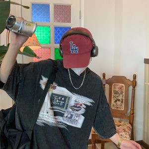 Distressed Oversized T-Shirt for Couples - Handmade American Vintage Style, Computer Washed, Trendy Summer Short Sleeve