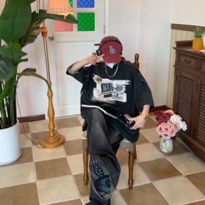 Distressed Oversized T-Shirt for Couples - Vintage Computer Washed Loose Fit - Trendy Summer Short Sleeve Top