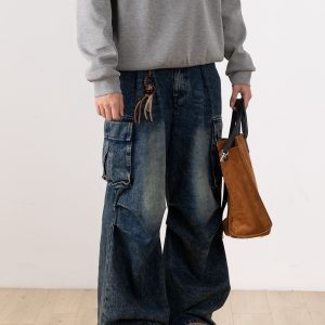 Distressed Straight Leg Retro Workwear Jeans for Men - Versatile Loose Fit Long Pants for Casual 90s Style