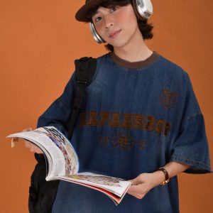 Distressed Vintage Denim Round Neck Loose Short Sleeve T-Shirt for Couples - Trendy Hip Hop Unisex Top