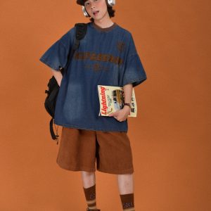 Distressed Vintage Denim Round Neck Loose Short Sleeve T-Shirt for Couples - Trendy Hip Hop Unisex Top