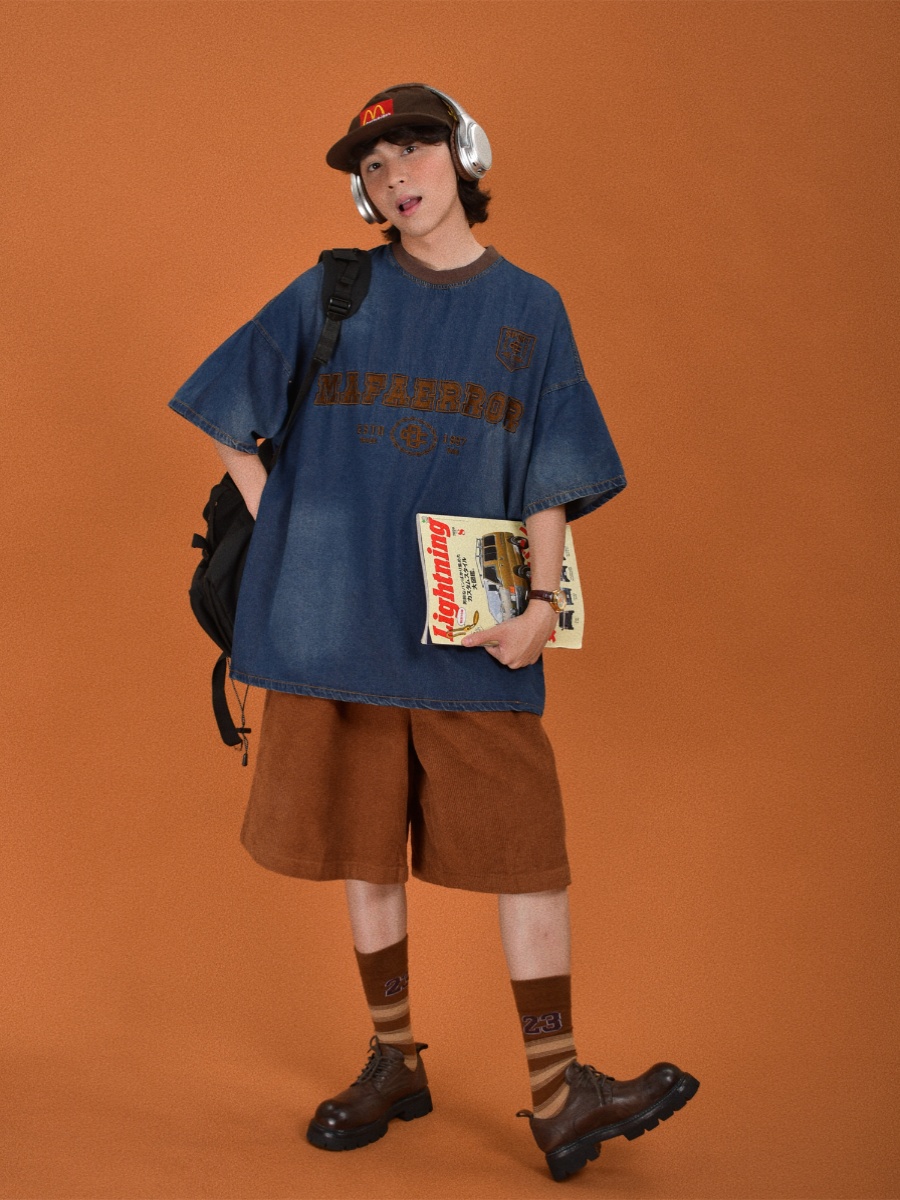 Distressed Vintage Denim Round Neck Loose Short Sleeve T-Shirt for Couples - Trendy Hip Hop Unisex Top Distressed Vintage Denim Round Neck Loose Short Sleeve T-Shirt for Couples - Trendy Hip Hop Unisex Top