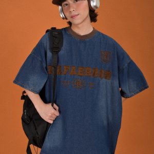 Distressed Vintage Denim Round Neck Loose Short Sleeve T-Shirt for Couples - Trendy Hip Hop Unisex Top