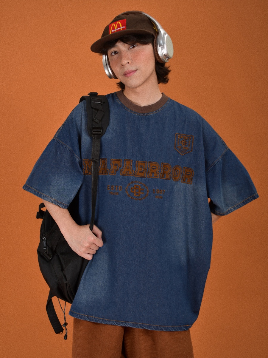 Distressed Vintage Denim Round Neck Loose Short Sleeve T-Shirt for Couples - Trendy Hip Hop Unisex Top Distressed Vintage Denim Round Neck Loose Short Sleeve T-Shirt for Couples - Trendy Hip Hop Unisex Top