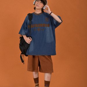 Distressed Vintage Denim Round Neck Loose Short Sleeve T-Shirt for Couples - Trendy Hip Hop Unisex Top