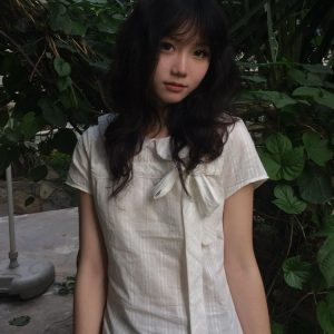 Doll Collar Short-Sleeve Shirt for Women, Miu-Style Bow Tie Waist-Cinching Slim-Fit Top, Summer Fashion Essential