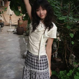 Doll Collar Short-Sleeve Shirt for Women, Miu-Style Bow Tie Waist-Cinching Slim-Fit Top, Summer Fashion Essential