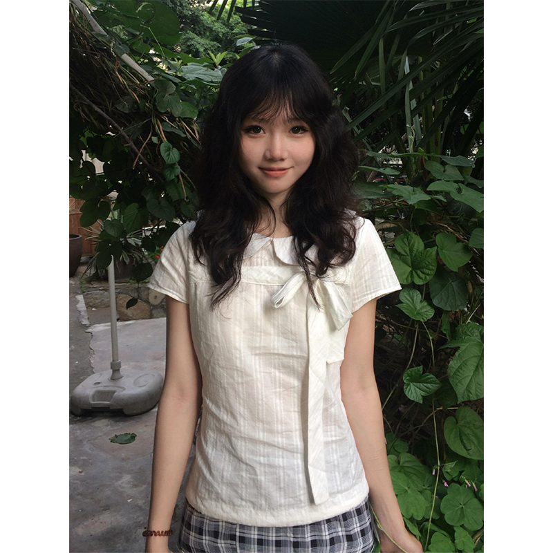 Doll Collar Short-Sleeve Shirt for Women, Miu-Style Bow Tie Waist-Cinching Slim-Fit Top, Summer Fashion Essential