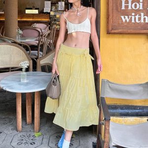 Dopamine Color Fresh Yellow A-Line Long Skirt for Girls with Butterfly Tie and Spliced Design - Y2K Inspired Fashion