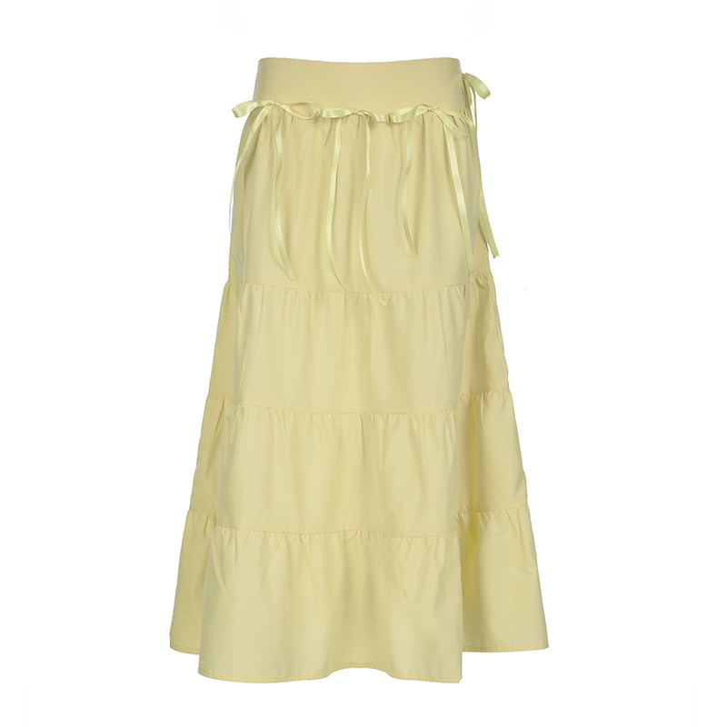 Dopamine Color Fresh Yellow A-Line Long Skirt for Girls with Butterfly Tie and Spliced Design - Y2K Inspired Fashion